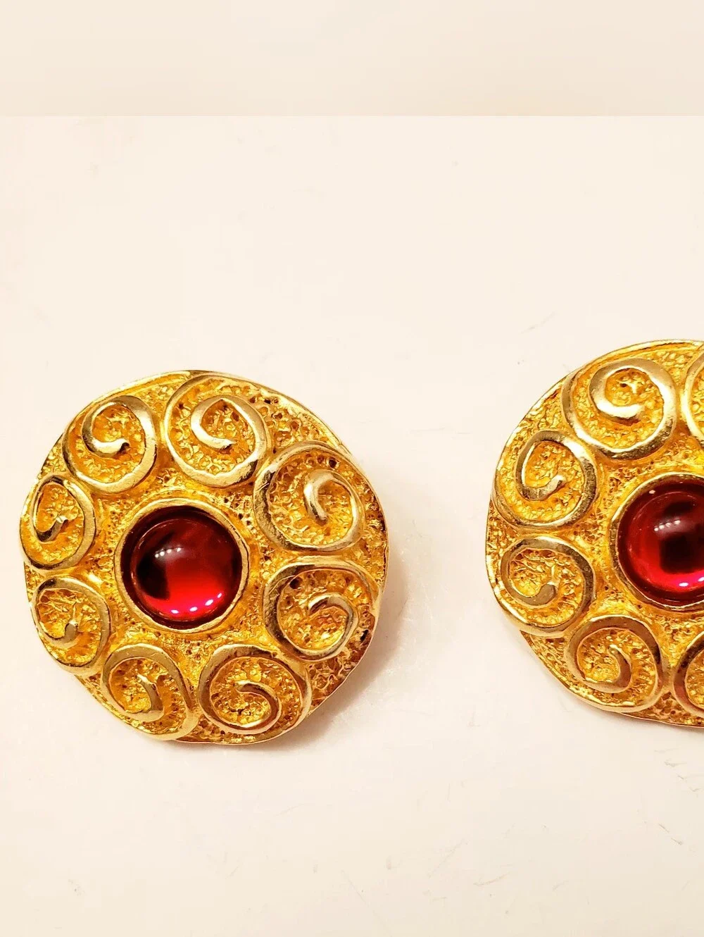 1980's Gold-Tone Swirl Clip Earrings with Red Cabochon, Large Statement Clips